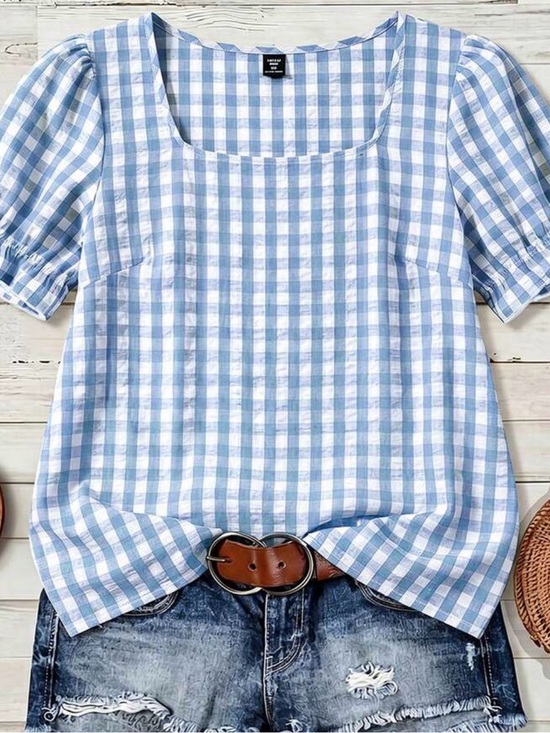 SHEIN Tops - SHEIN Light Blue & White Gingham Square Neck Puff Sleeve Top